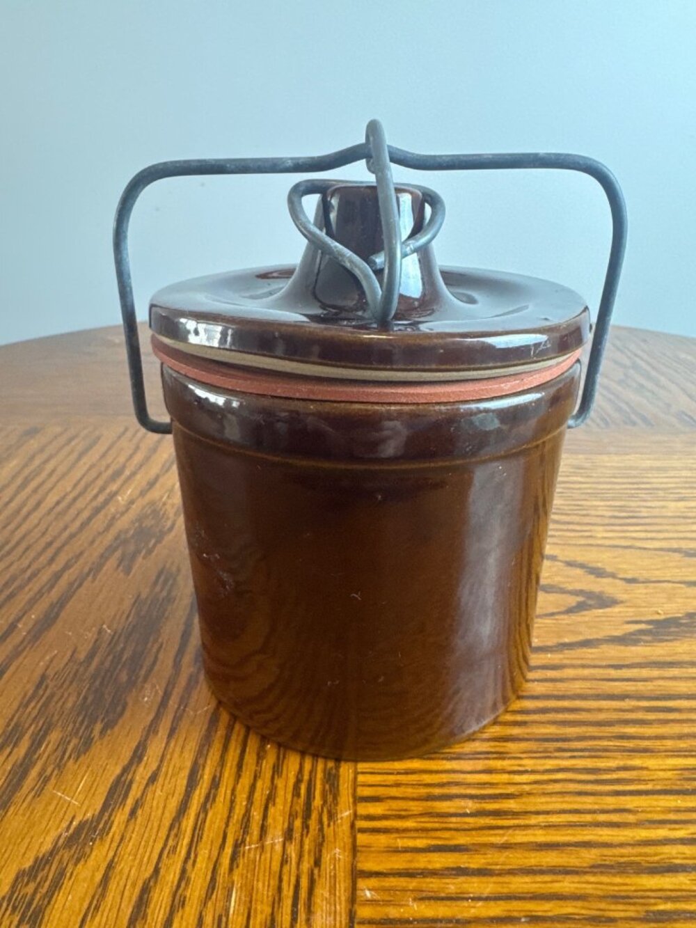 Vintage Brown Cheese or Butter Stoneware Crock with Wire Bale Lid